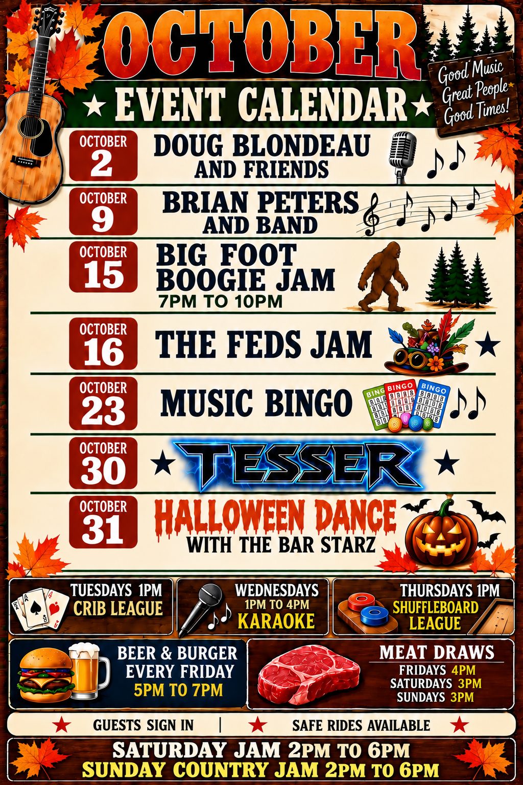 October 2026 events calendar for Eagles Aerie #2546 — darts, shuffleboard, meat draws and dinners